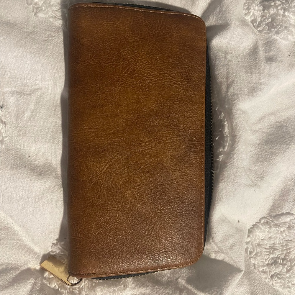 Brown Leather Zip Wallet Gold Hardware